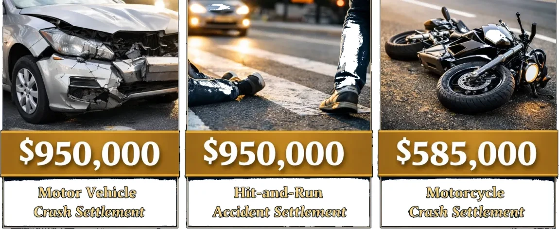 Recent case results: $950,000 motor vehicle crash settlement, $950,000 hit-and-run accident settlement, $585,000 motorcycle crash settlement